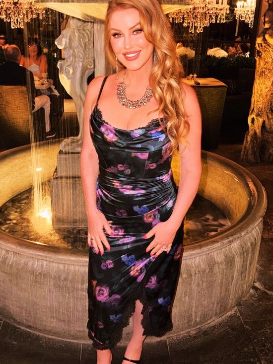 Popilush Dresses & Skirts - Popilush Satin Floral Slip Dress with Cowl Neck in Black & Purple.